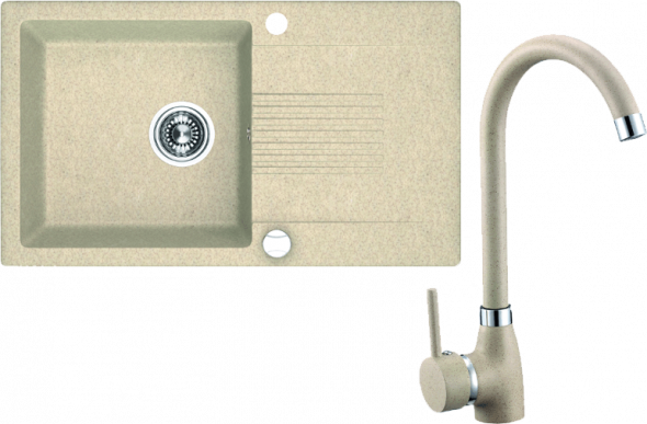 Zlewozmywak granitowy w zestawie z baterią stojącą granitową Laveo Celia 76x44 cm 1-komorowy z ociekaczem beżowy SJCG411T