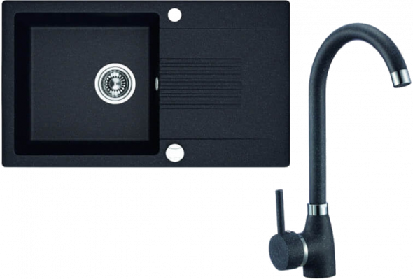 Zlewozmywak granitowy w zestawie z baterią stojącą granitową Laveo Celia 76x44 cm 1-komorowy z ociekaczem czarny SJCG711T