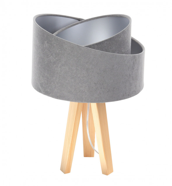 Lampa stołowa welurowa Tami szary srebrny drewno tkanina pcv BPS Koncept 060s-013