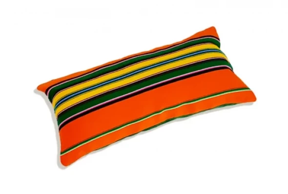 Poduszka pomarańczowo-zielona folk pasiak łowicki, prostokątna 60x30cm