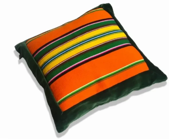 Poduszka zielony aksamit i pomarańczowy pasiak łowicki 35x35cm