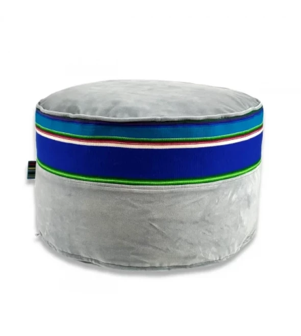 Pufa aksamitna folk 60cm szaroniebieska z pasiakiem