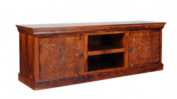 Kolonialna komoda RTV z litego drewna z rzeżbionym panelem CRVD-18 - Kolekcja Carved