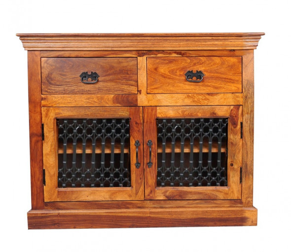 Kolonialna komoda z litego drewna z metaloplastyką MET-01 - Kolekcja Metalwork