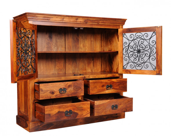 Kolonialna komoda z litego drewna z metaloplastyką MET-02 - Kolekcja Metalwork