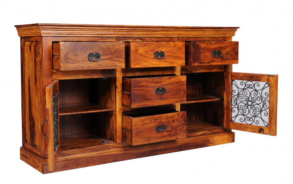 Kolonialna komoda z litego drewna z metaloplastyką MET-14 - Kolekcja Metalwork