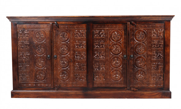 Kolonialna komoda z litego drewna z rzeżbionymi panelem CRVD-01 150 cm - Kolekcja Carved