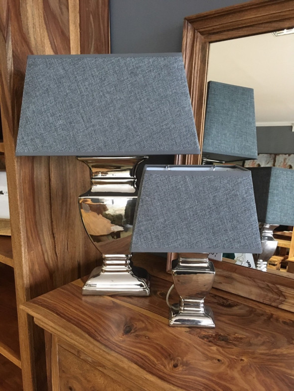 Lampa srebrna ceramiczna z szarym abażurem duża - Kolekcja Greywood