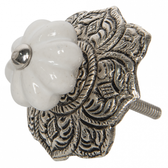 Gałka meblowa ceramiczna z metalową rozetą WHITE
