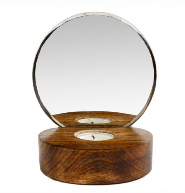 Świecznik z drewna mango z lustrem WOOD MIRROR