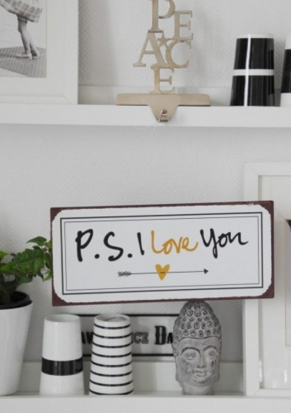 Szyld metalowy biały P.S. I LOVE YOU