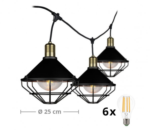 LED Wisząca lampa ogrodowa PREMIUM STRING 3m 6xE27/9W/230V IP65 czarna