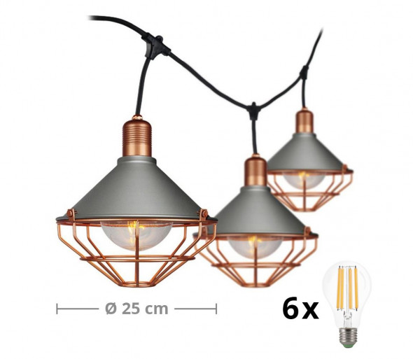 LED Wisząca lampa ogrodowa PREMIUM STRING 3m 6xE27/9W/230V IP65 szara/brąż