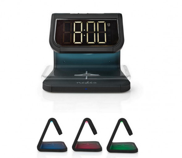 Nedis WCACQ10W1BK - Budzik z bezprzewodową ładowarką LED/10W/230V czarny