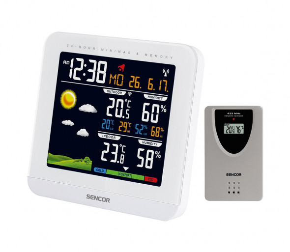 Sencor - Stacja pogodowa z kolorowym wyświetlaczem LCD i budzikiem 3xAAA