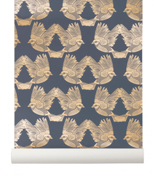 Tapeta skandynawska BIRDS Deep Blue/Gold - ferm LIVING