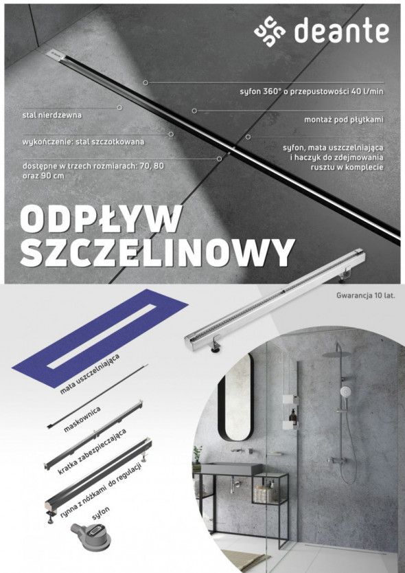 Deante odpływ liniowy szczelinowy 90 cm stal szczotkowana KON009S