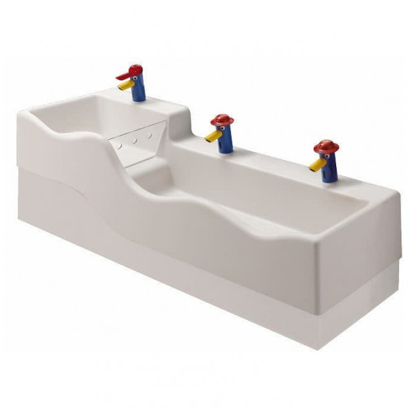 Geberit Bambini umywalka wisząca dla dzieci z trzema otworami na baterię bez przelewu z niższą umywalką po prawej stronie 135x41,5 cm Varicor biel alpejska 430350016