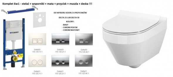Geberit Duofix Basic + Cersanit Crea CleanOn - zestaw 6w1 - kompletny stelaż + muszla wisząca + deska wolnoopadająca