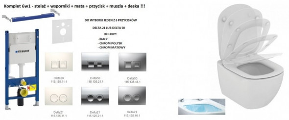 Geberit Duofix Basic + Ideal Standard Tesi Aquablade - Zestaw 6w1 - kompletny stelaż + muszla + deska wolnoopadająca
