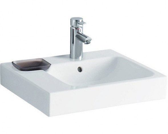 Geberit iCon umywalka meblowa z otworem na baterię z przelewem z mydelniczką po lewej stronie 50x48,5 cm ceramika biały 124150000