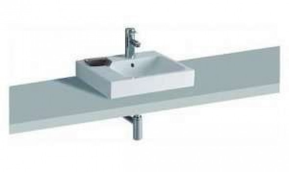 Geberit iCon umywalka stawiana na blat z otworem na baterię z przelewem z mydelniczką po lewej stronie 50x48,5 cm ceramika biały 124650000