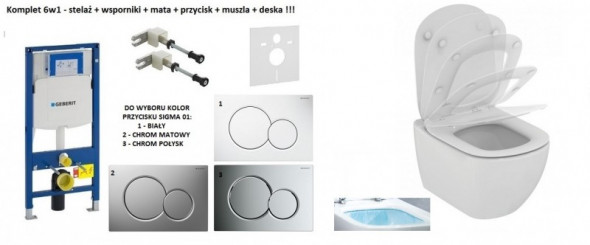 Geberit + Ideal Standard Tesi Aquablade - Zestaw 6w1 - kompletny stelaż + muszla + deska wolnoopadająca