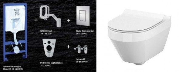 Grohe + Cersanit Crea CleaonOn - zestaw 7w1 - kompletny stelaż + muszla wisząca + deska wolnoopadająca