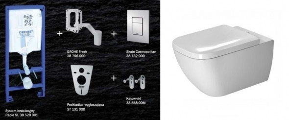 Grohe + Duravit HAPPY D.2. Rimless - zestaw 7w1 - kompletny stelaż + muszla wisząca + deska wolnoopadająca