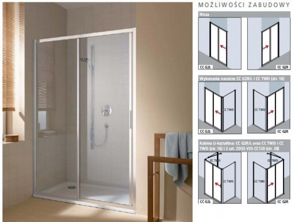 Kermi Cada XS drzwi przesuwne 2-częściowe z polem stałym 120 cm PRAWE srebrny wysoki połysk przeźroczyste powłoka CadaClean CKG2R12020VPK