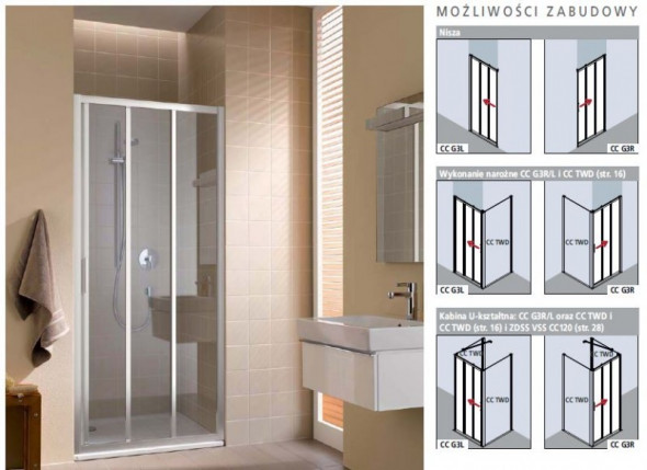 Kermi Cada XS drzwi przesuwne 3-częściowe z polem stałym 70 cm PRAWE biały przeźroczyste powłoka CadaClean CKG3R070202PK
