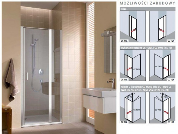 Kermi Cada XS drzwi wahadłowe z polem stałym 80 cm PRAWE srebrny wysoki połysk przeźroczyste powłoka CadaClean CK1GR08020VPK