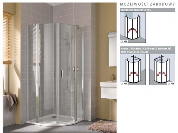 Kermi Cada XS kabina ćwierćkolista drzwi wahadłowe z polami stałymi 90x90 cm r.550 srebrny wysoki połysk przeźroczyste powłoka CadaClean CKP5509020VPK