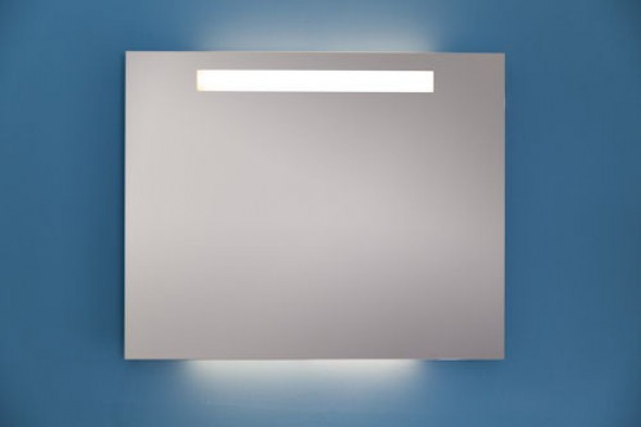 Kraft HORIZONT Lustro 80 x 70 cm z podświetleniem przednim poziomym oraz dolnym podświetlającym umywalkę i górnym oświetlającym ścianę nad lustrem.