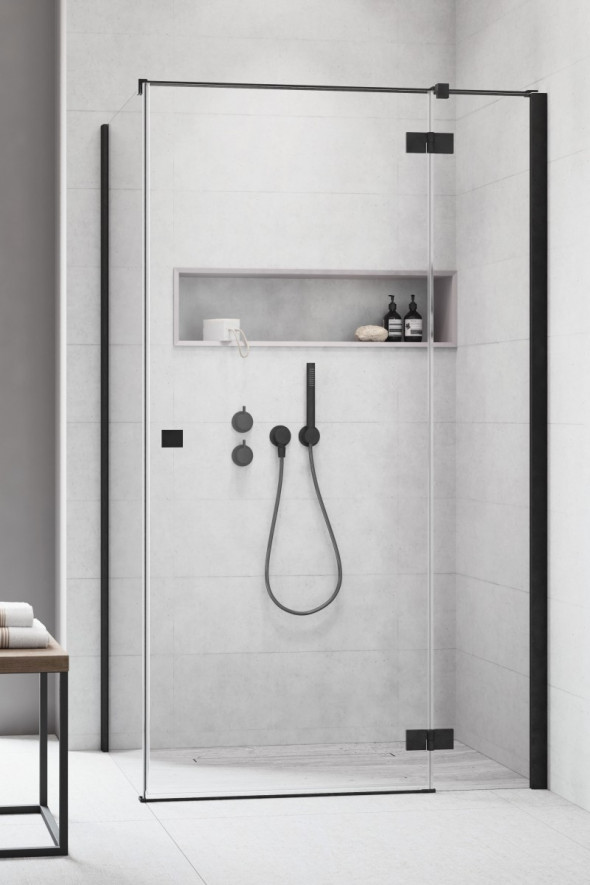 Radaway Essenza New Black KDJ kabina kwadratowa 80x80 drzwi otwierane prawe 80 i ścianka 80 czarne przeźroczyste Easy Clean 385043-54-01R + 384051-54-01