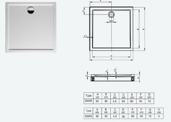 Riho model 251 brodzik kwadratowy płaski 90x90 z nogami i panelem DA59