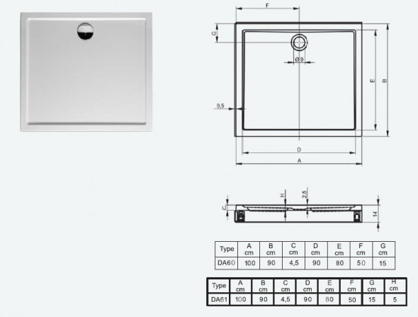 Riho model 252 brodzik prostokątny płaski 100x90 DA60
