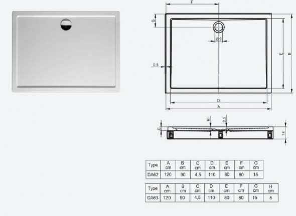 Riho model 254 brodzik prostokątny płaski 120x90 DA62