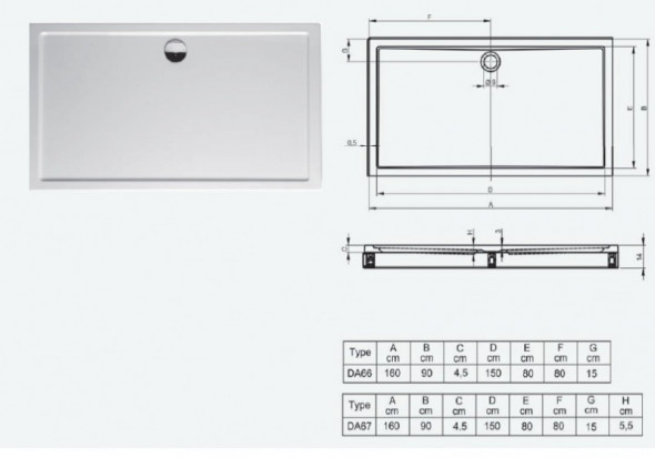 Riho model 259 brodzik prostokątny płaski 160x90 z nogami i panelem DA67