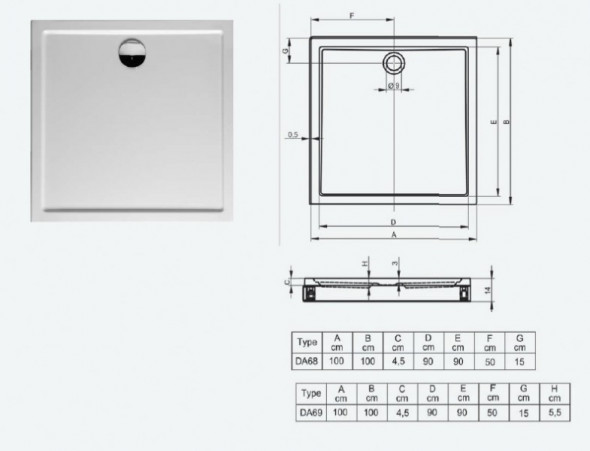 Riho model 260 brodzik kwadratowy płaski 100x100 DA68