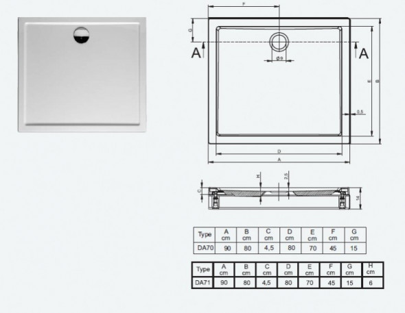 Riho model 270 brodzik prostokątny płaski 90x80 DA70