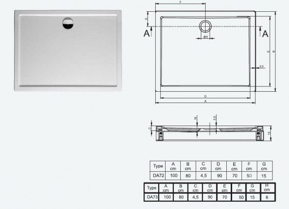 Riho model 273 brodzik prostokątny płaski 100x80 z nogami i panelem DA73