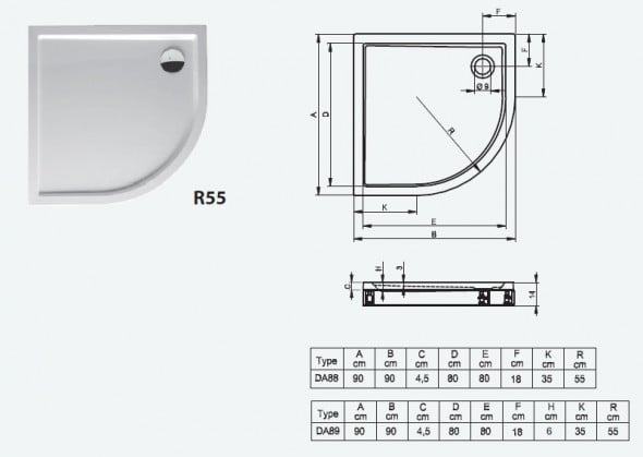 Riho model 281 brodzik półokrągły płaski 90x90 z nogami i panelem DA89