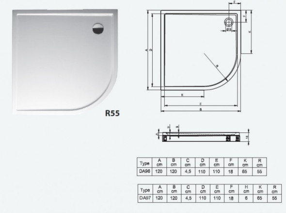Riho model 288 brodzik półokrągły płaski 120x120 DA96