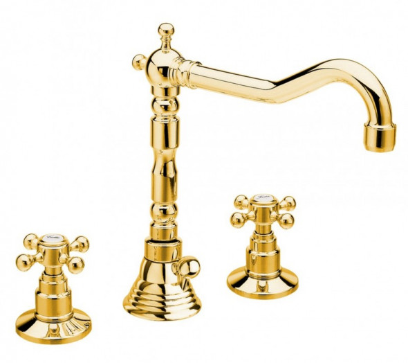 Sapho Antea bateria umywalkowa 3-otworowa z obrotową wylewką i korkiem automatycznym retro złoto 3225