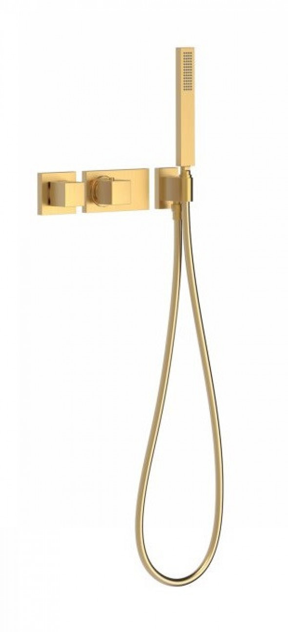 Tres Block System zestaw podtynkowy z baterią termostatyczną 1-drożną i zestawem natryskowym złoty matowy 207.251.91.OM