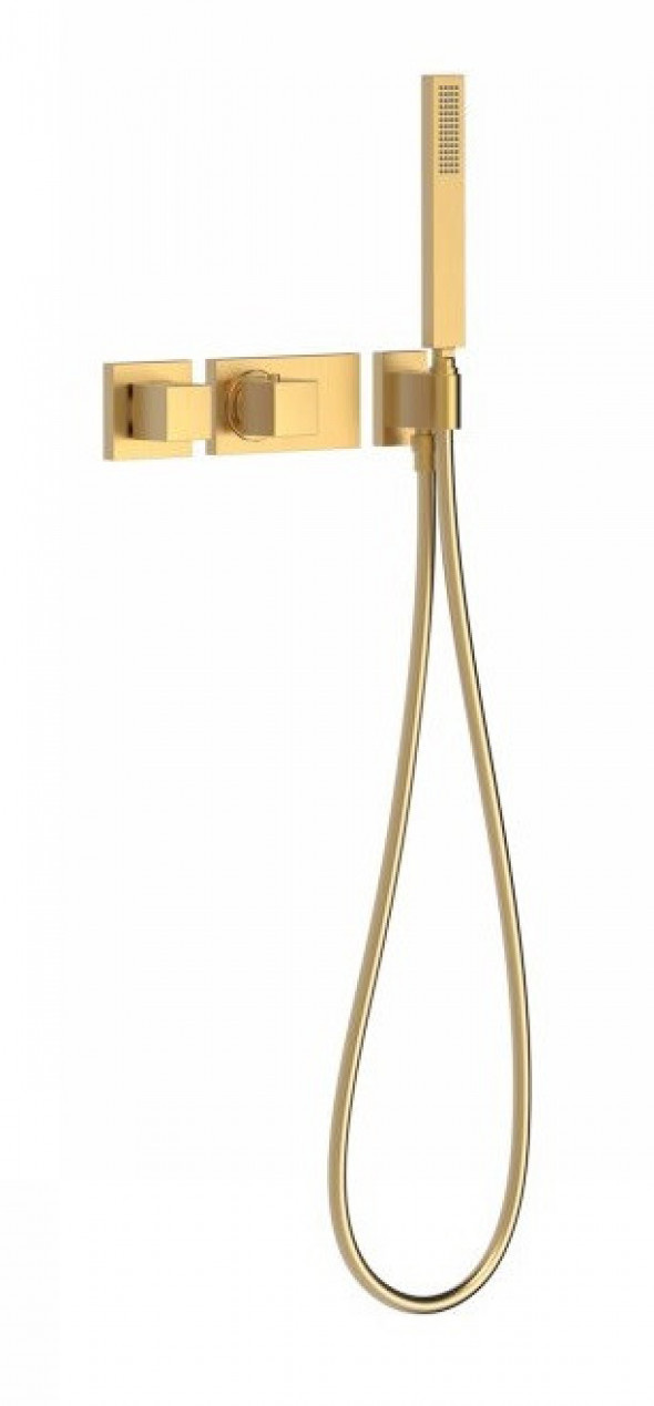 Tres Block System zestaw podtynkowy z baterią termostatyczną 2-drożną i zestawem natryskowym złoty matowy 207.252.91.OM