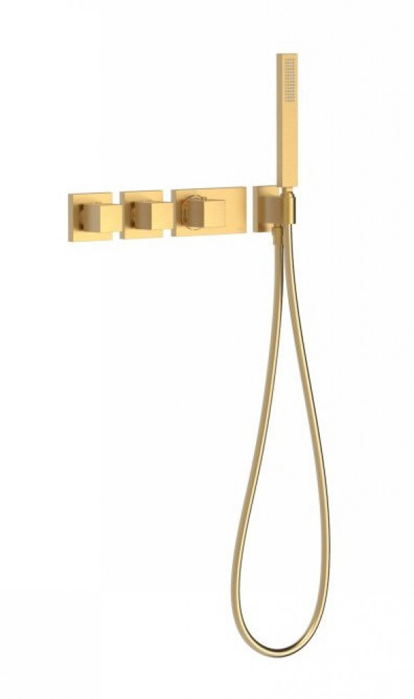 Tres Block System zestaw podtynkowy z baterią termostatyczną 4-drożną i zestawem natryskowym złoty matowy 207.254.91.OM