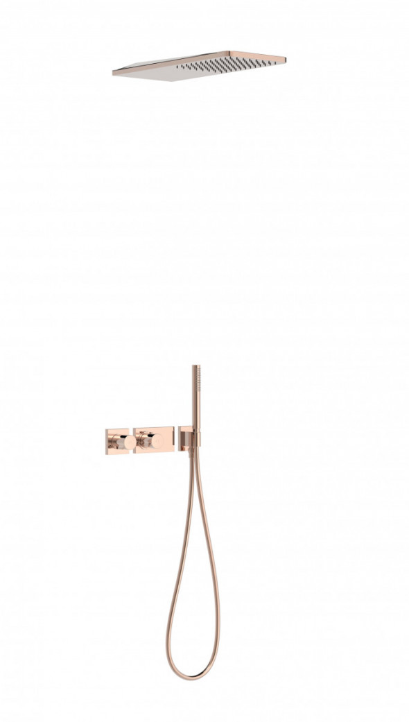 Tres Block System zestaw podtynkowy z termostatem i deszczownicą 55x21 kompletny różowe złoto 20735202OP