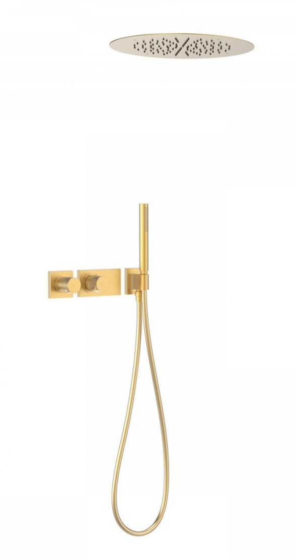 Tres Block System zestaw podtynkowy z termostatem i deszczownicą sufitową 38x38 kompletny złoty matowy 207.352.04.OM